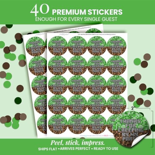 Thank You Stickers for Party Favors, 40 Pack 2 Inch Creepy Pixel Miner Birthday Labels for Boys and Girls, Goodie Bag Seals Made in the USA by Amanda Creation