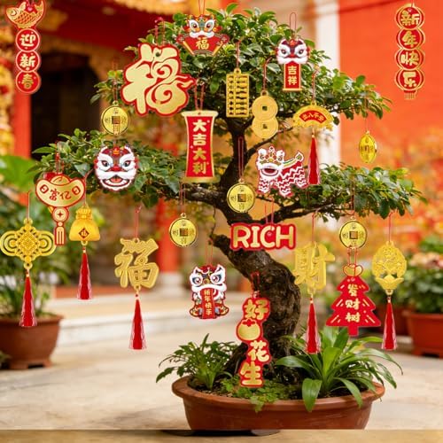 KYMY Chinese New Year Hanging Ornaments Set – 59pcs Red & Gold Lucky Decorations with Coins, Fu Charms & Lanterns, 2026 Zodiac Horse Year Spring Festival Pendants for Tree, Branch & Home Decor