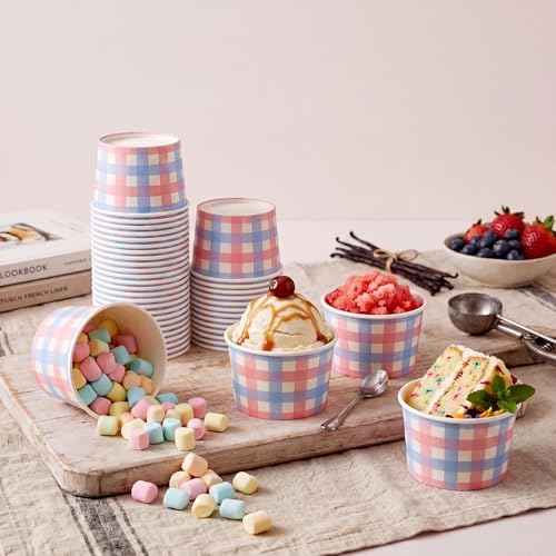 Maxdot 50 Pcs Gingham Ice Cream Paper Cups 9oz Pink and Green Checkered Disposable Snack Cups Decorative Paper Dessert Bowls Yogurt Cupcakes Hot and Cold Food Wedding Birthday Baby Shower Decorations