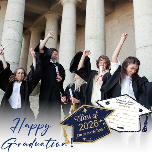 Graduation Invitations 2026 Grad Party Invitations with envelopes 30 Pack, Class of 2026 Graduation Announcements Graduate Invite Cards for College Party Supplies, Navy Blue & Gold