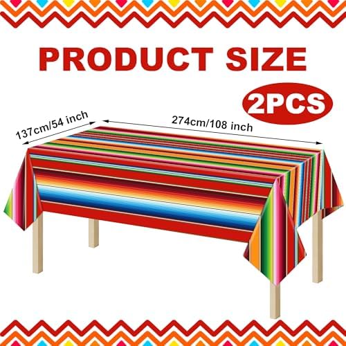 2 PCS Mexican Fiesta Plastic Tablecloth 108 x 54 Inch Mexican Striped Disposable Table Covers Waterproof Cinco De Mayo Rectangle Party Table Cloth for Fiesta Taco Mexico Themed Birthday Party Supplies