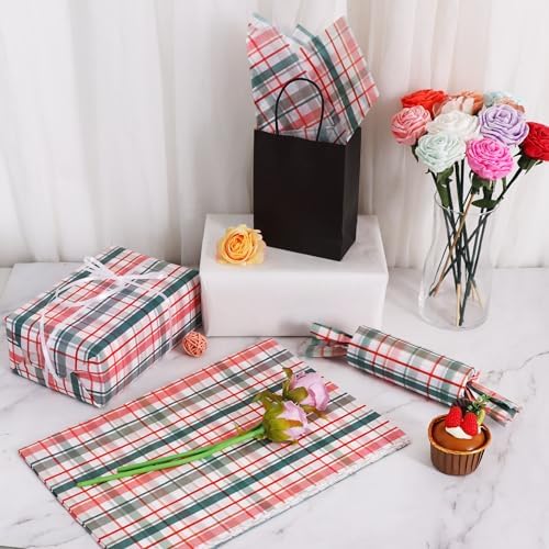 BEISHIDA Christmas Gingham Tissue Paper Bulk，Red Green White Buffalo Plaid Wrapping Tissue Paper for Gift Bags, 14 x 20 Inch Gift Wrap for Christmas Party DIY Crafts Decor Holiday Flowers-50pcs