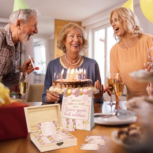 Pink Gold Retirement Card, Happy Wishes Card Box, Happy Retirement Present, 50 Double Sided Hope Cards with Wooden Boxes, Pink Gold Memory Box & Wishes Cards, Retiree Decorations for Men Women