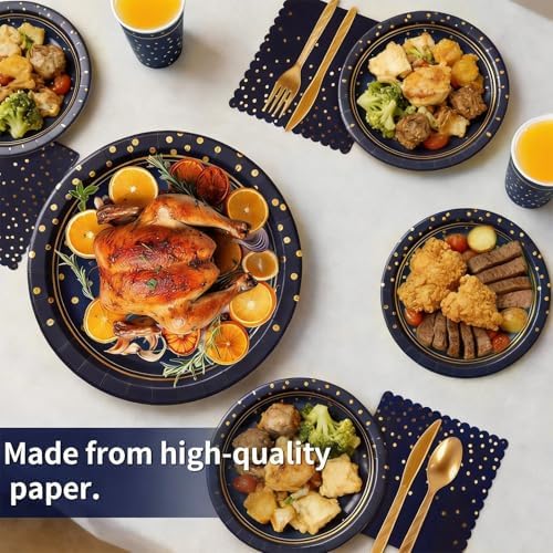 168Pcs Blue and Gold Paper Plates and Napkins Party Supplies for 24 Guest