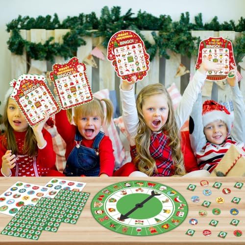 Christmas Bingo Game Cards for Adults 24 Players Christmas Party Bingo Games Winter Holiday Bingo Cards with Turntable Reward Stickers for Party Activities Home Family Party Game