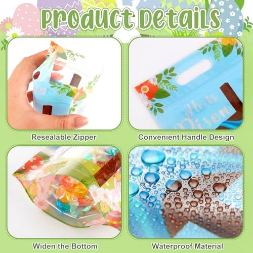 Engrowtic 100 Pcs Easter Treat Bags Reusable Easter Zipper Bags He Is Risen Plastic Gift Bag with Cross Bunny Holiday Bag with Handles for Spring Party Favor Wrapping Supplies