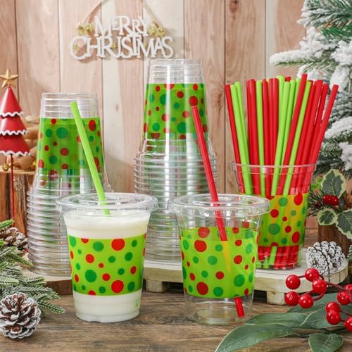 Whaline 50 Pack Green Christmas Plastic Cups with Lids Straws Red Green Polka Dot Clear Plastic Cups 12oz Holiday Disposable Cold Beverage Drinking Cup for Xmas Winter Party Supplies