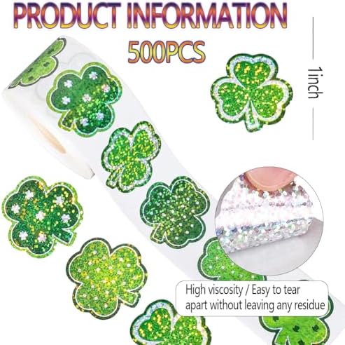 500Pcs St. Patrick's Day Stickers Roll 1in Laser Glitter Shamrock Stickers 3 Designs Self-Adhesive Holographic Clover Sticker Decor for Irish Holiday Party Scrapbook Envelopes Decals Decorations