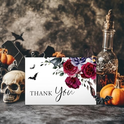 Whaline 36Pcs Halloween Thank You Cards with Envelopes Stickers Blood Red Flower Bat Greeting Cards Blank Note Card for Halloween Birthday Wedding Party Supplies