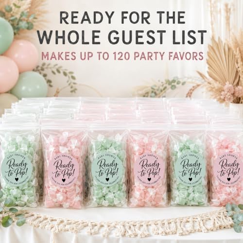 Ready to Pop Baby Shower Favor Bags, 120 Stickers and 120 Clear Treat Bags, 1.6 Inch Blush Pink and Sage Green Popcorn Labels for Boho Baby Shower Decorations