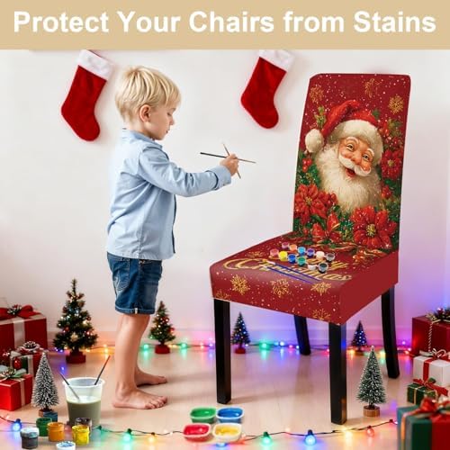 Christmas Chair Covers Set of 4, Santa Claus Dining Chair Slipcovers with Poinsettia Flowers and “Merry Christmas” for Holiday Décor