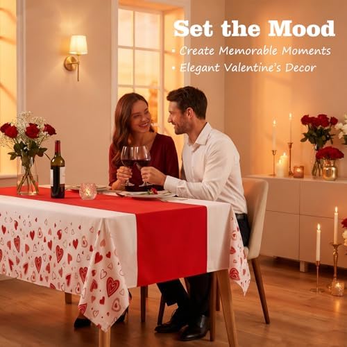 Valentine's Day Tablecloth 3-Pack, 54x108 Inch Disposable Plastic Table Covers, Red Heart Themed Decor for Romantic Party, Wedding, Anniversary, and Valentine's Day Table Decorations