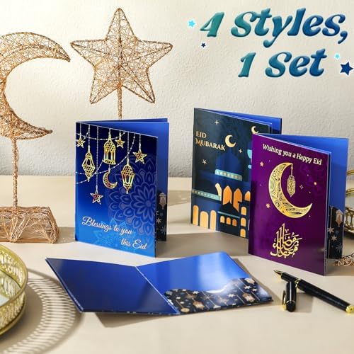 AmazingSpark 4 Set Ramadan Gift Card Booklet for Cash Mubarak Cardboard Money Holder Book Ramadan Gift Decorations Islamic Muslim Money Card Sleeve Party Favor for Eid Al-Fitr or Eid Al-Adha