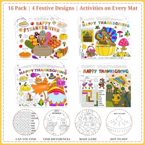 Thanksgiving Coloring Placemats for Family - 16Pack Turkey Paper Table Placemats Happy Thanksgiving Disposable Place Mat Fall Harvest Thanks Giving Activities Arts and Crafts for Party Favor