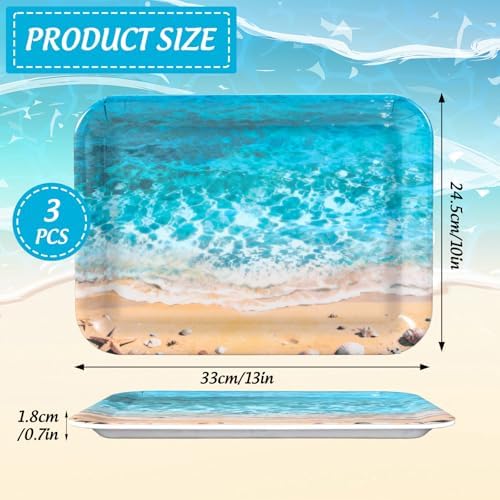 JarThenaAMCS 3Pcs Summer Beach Serving Trays Reusable Serving Dishes Ocean Wave Sand Seashell Starfish Platter for Outdoor Party Serving Food Snacks Fruits Dessert