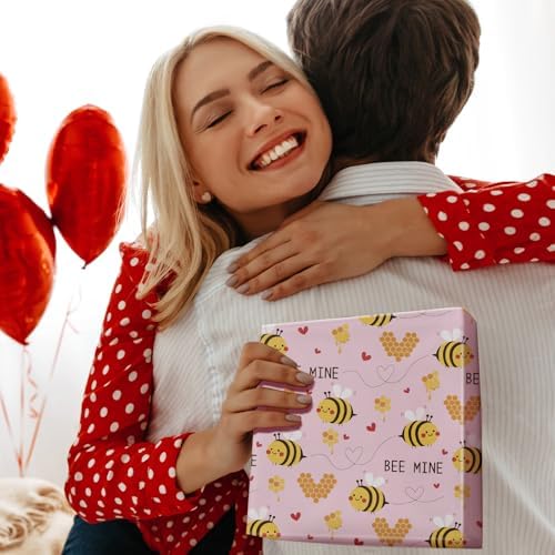 RUSPEPA Pink Valentine's Day Wrapping Paper Roll, Mini Roll, Cute Bee Heart Gift Wrap, BEE MINE Wrap Paper Perfect for Boys Girls Valentine's Day, 17 Inches X 16.4 Feet