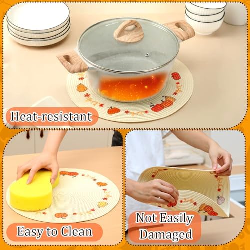 Remerry Thanksgiving Pumpkin Placemats Set of 6, 13" Leaves Pumpkins Fall Table Mats Round Weaving Embroidered Heat-Resistant for Thanksgiving Halloween Party Kitchen Dining Restaurant Decoration