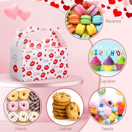 Zhanmai 36 Pack Valentines Treat Boxes with Handle Valentine Cookie Gable Container Heart Candy Goodie Box Cupcake Bakery Container Bulk for Exchange Party Favor Gift