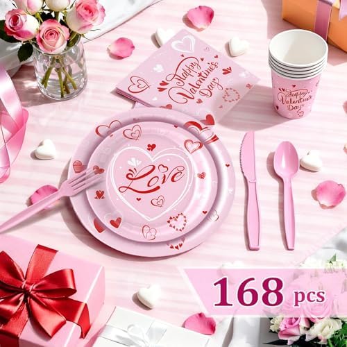 168 Pcs Valentine's Day Tableware Set - Serves 24, Heart & Love-Themed Disposable Paper Plates, Cups, Napkins, Forks, Spoons, Knives for Valentines Day Party, Wedding,Bridal Shower,Holiday Gatherings