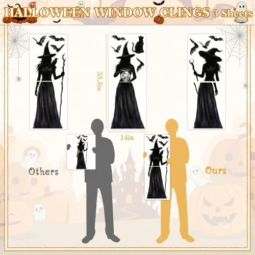 Halloween Decorations Window Clings, 3 Large Witch Window Decals Double Sided Window Clings, Spooky Witch Black Cat Bats Gothic Decor for Glass Windows, Holiday Party Home Indoor Decoration, 3 Sheets