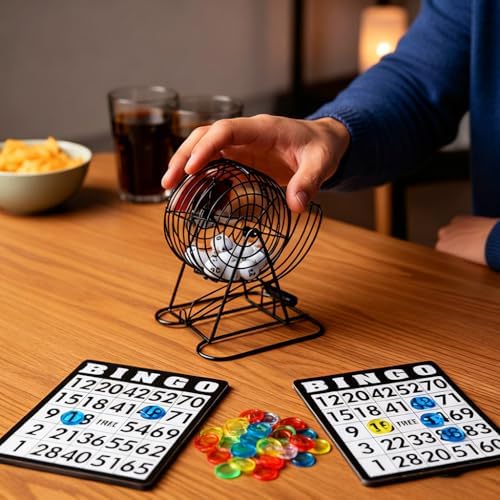Bingo Cage Game Set for Adults and Youths，Premium Bingo Set includes 8inch rotating metal cage, 75 bingo balls, 18 cards, 150 chips, and foldable main board. Ideal for family bingo and parties