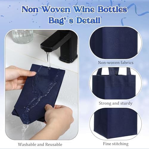 Windyun 200 Pcs Wine Gift Bags with Handle Reusable Small 13.8x3.5x3.9 Inches Liquor Bottle Totes Bulk for Birthday Wedding Christmas Holiday Party (Navy Blue)