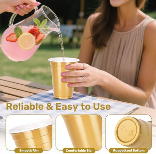 100 Pack Halloween Black and Gold Cups 16 oz, Disposable Plastic Party Cups