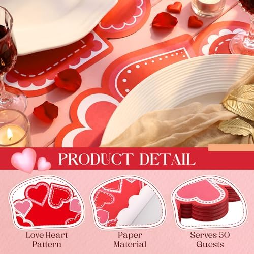 50 Pcs Valentines Round Red Heart Place Mats Pink Disposable Paper Table Mats Bulk Seasonal Valentine Decor for Valentines Anniversary Marriage Proposals Home Party Dining, 12.9 Inch