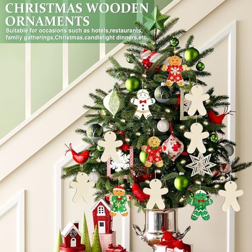 Wooden Christmas Gingerbread Man Ornaments to Paint Decoration Cutouts Unfinished 24PCS 3.5 inches, DIY Blank Unfinished Christmas Tree Ornament for Home Snowflakes Crafts Hanging