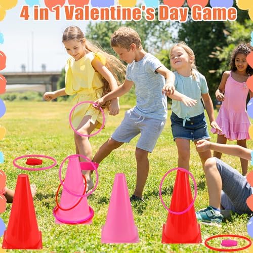 33Pcs Large 4 in 1 Valentines Day Games for Kids with Ring Toss, Plastic Cones, Bean Bags, 3-Legged Race Bands, Carnival Valentine's Games Activity Combo Set for Classroom Indoor Outdoor Party Yard
