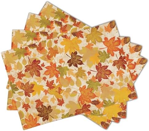 Fall Placemats Set of 6 18x12 Inch Autumn Maple Leaves Linen Place Mats Heat-Resistant Washable Wipeable Orange Season Holiday Table Mat for Party Kitchen Dining Room Dinner Table Decor