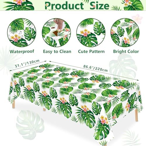 4 Pack Hawaiian Luau Tablecloths Tropical Palm Leaves Table Cloth Hawaiian Luau Table Cover Palm Leaves Table Cloth Baby Birthday Birthday Party Summer Pool Tropical Party Decorations 86 x 51 IN