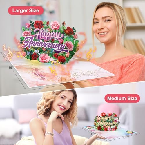 FaCraft Anniversary Card for Couple - 3D Pop Up Music & Light Valentines Wedding Anniversary Card Gifts with Envelope, Blank Insert and Seal, for Spouse Husband Wife Him Her (Flowers)