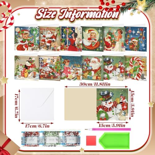 Saillong 12 Pack Vintage Christmas Diamond Painting Greeting Card Kits DIY Retro Christmas Diamond Art Cards with Envelope Xmas 5D Rhinestones Painting Kit for Adults DIY Craft Family Friend Xmas Gift