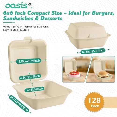 𝟲𝘅𝟲", 𝟭𝟮𝟴-𝗣𝗮𝗰𝗸 Compostable Clamshell Take Out Food Containers, Biodegradable Bagasse Paper To-Go Boxes for Burgers, Sandwiches, Cake, Eco-Friendly, Microwave & Freezer Safe (Natural)
