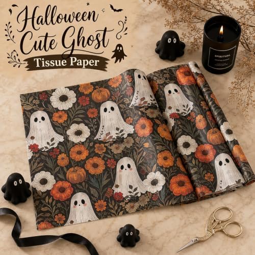 60 Sheets Boho Ghost Floral Tissue Paper, 13.8 x 19.7'' Boho Ghost Floral Pumpkin Patterns Gift Wrapping Paper for Halloween DIY Craft Autumn Party Supplies