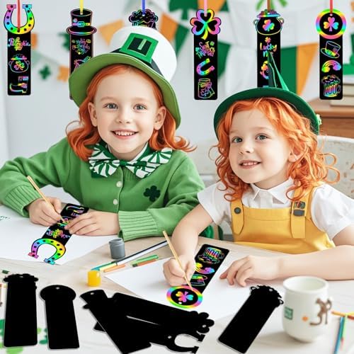 AUGSUN 96Pcs St Patricks Day Scratch Art Bookmarks Crafts for Kids