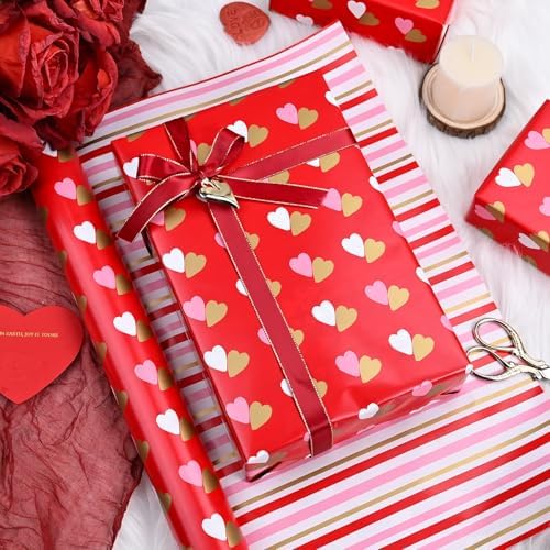MAYPLUSS Reversible Valentine's Day Wrapping Paper Roll - 17 Inch X 33 Feet - Red Gold Foil Double Love Heart Design Lover Gift Wrap for Valentine’s Day, Birthdays, Wedding, Anniversaries and Holiday