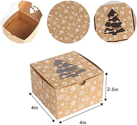CCINEE Christmas Brown Cardboard Bakery Boxes, 24 Pack 4"x 4"x 2.5" Mini Cookie Boxes with Window Kraft Cake Box for Xmas Cupcakes Cookies Brownies Donuts Truffles Gift-Giving.