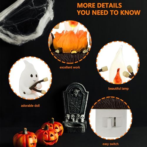 Halloween Ghost Campfire Night Light,Plug-in Wall Flickering Flame Nightlight,3D Cute Spooky Marshmallow Ghost Decoration for Bedroom,Spooky Season Home Halloween Decor for Kids Adults (Purple)