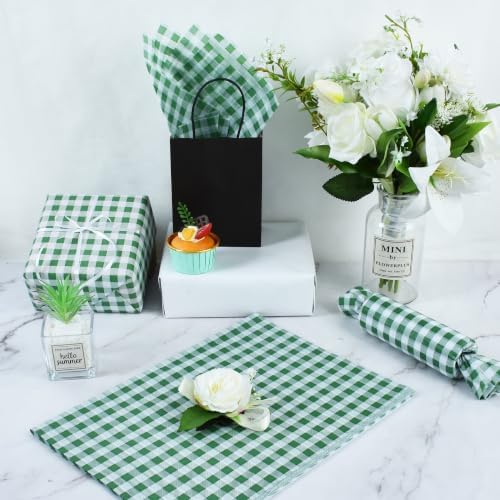 BEISHIDA Gingham Tissue Paper Bulk, Forest Green White Checkered Wrapping Tissue Paper for Gift Bags, 14 x 20 Inch Gift Wrap for Birthday Easter Jungle DIY Crafts Decor Holiday Flowers,50 Sheets