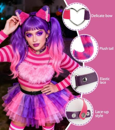 Cat Ears and Tail,Wolf Fox Ears Long Tail and Bell Lace Choker Set for Halloween,Animal Cosplay Party Costume