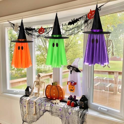 DAZONGE 3 Pack Light-up Halloween Hanging Witch Ghost Decor Outdoor