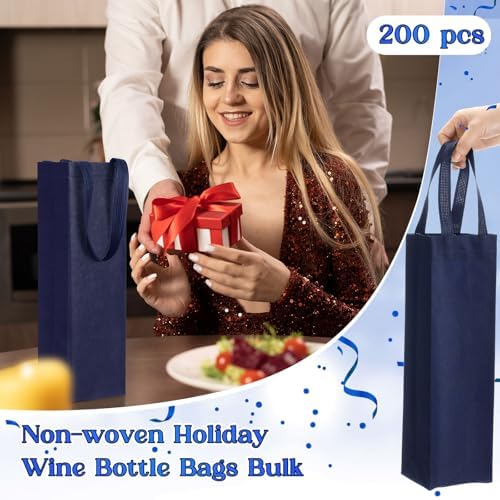 Windyun 200 Pcs Wine Gift Bags with Handle Reusable Small 13.8x3.5x3.9 Inches Liquor Bottle Totes Bulk for Birthday Wedding Christmas Holiday Party (Navy Blue)