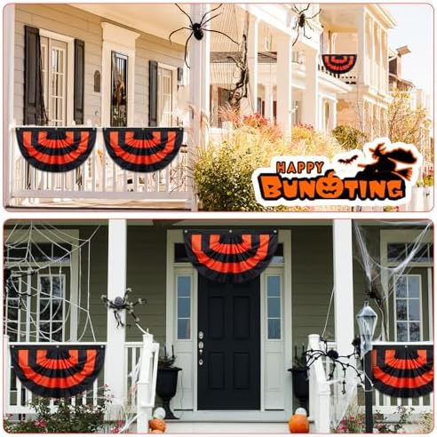 Newwiee 2 Pcs 4 x 2 ft ft Halloween Flag Bunting Half Fan Hanging Pleated Flag Banner with 3 Grommets for Halloween Indoor Outdoor House Party Holiday Yard Decorations Props, Black Orange