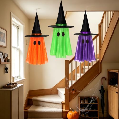 DAZONGE 3 Pack Light-up Halloween Hanging Witch Ghost Decor Outdoor