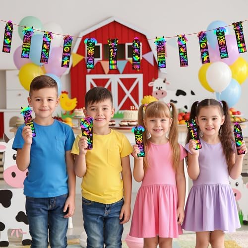 CY2SIDE Farm Animals Scratch Bookmarks - 60PCS Barnyard Animals Pig Cow Color Paper Cards Craft Kits for Kids, Spring Magic Art Scratch Bookmarks for Farm Birthday Party Favors Classroom Activities
