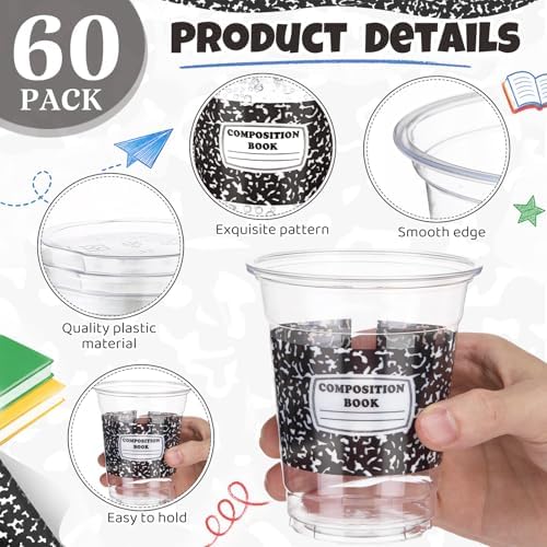 Funnymoom 60 Pack Back to School Cups, Black Composition Book Design, 12oz