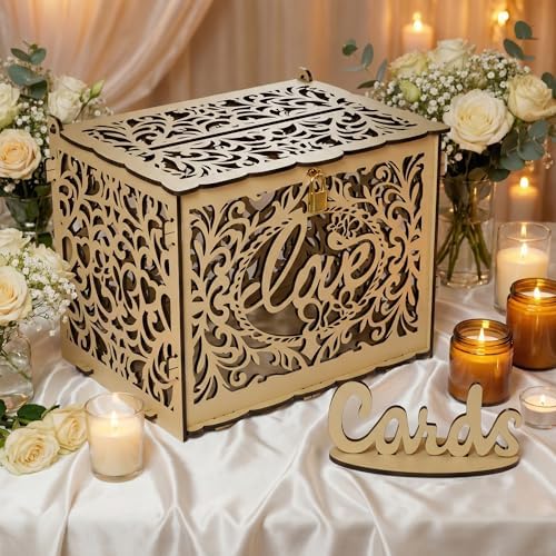 Jolik DIY Wedding Card Box, Large Rustic Locking Money Box Holder for Wedding Reception, Gift Card & Envelope Storage, Anniversary & Birthday Party Decoration (Yellow)