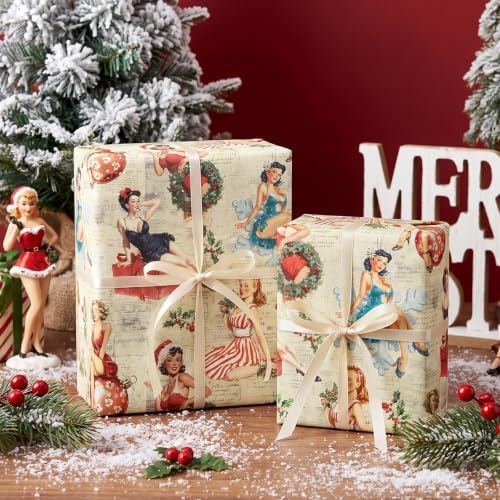 RUSPEPA Kraft Christmas Wrapping Paper Roll, Mini Roll, Vintage Christmas Pin-up Girl with Gift Design, Retro Kraft Gift Wrap for Xmas Gifts, Family, Holiday, Winter Party, 17 Inches x 16.4 Feet